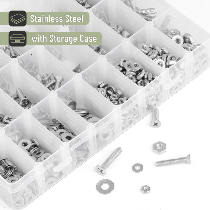 Mr. Pen- Nuts and Bolts Assortment Kit, 900 pcs, Stainless Steel, Phillips Flat Head Assorted Nuts and Bolts, Nut Bolt and Washer Assortment, Bolt and Nut Assortment, Bolts and Nuts Kit