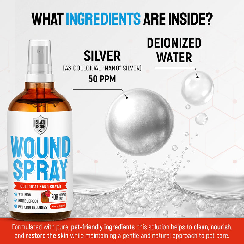 SILVER GRADE Wound Spray for Chicken – Birds & Chicken Antibiotics Alternative to Help with Pecking Sores, Bumblefoot, Cuts – Poultry Spray with Silver – GMOs Free – 4-Oz Bottle 4 Fl Oz