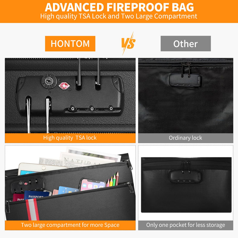 HONTOM Fireproof Document Bag,6400℉ Upgraded Material Fireproof Water Resistant Money Bag with Lock,Home Fire Safe Storage Bag Pouch for Letter Size Documents,Passport and Cards Black Large