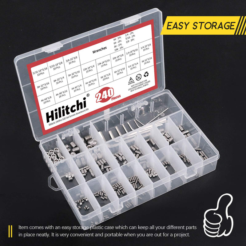 Hilitchi 240Pcs 19Sizes SAE Stainless Hex Allen Head Socket Set Screws Grub Screw Bolts Assortment Kit Internal Hex Drive Cup-Point Screws with 7 Hex Wrenches Silver - SAE - 240pcs