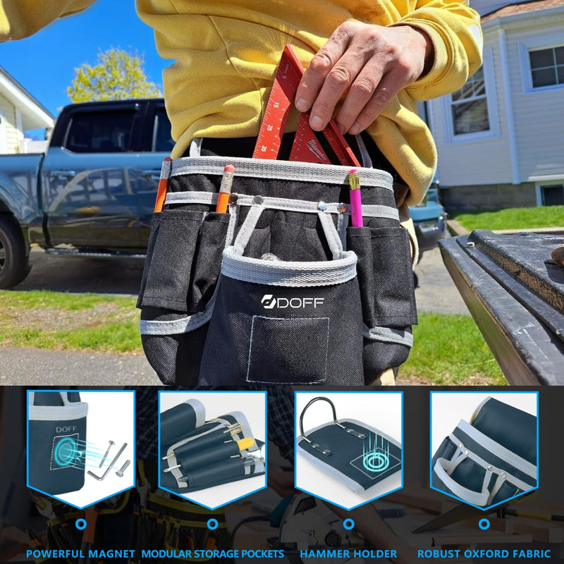 DOFF Men's Black Tool Belt - Heavy Duty Utility Belt with Removable 26 Pockets, Magnetic Tool Pouch, Tool Belt for Electricians and Carpenters, Multi-Purpose Tool Belts for Men and Women Medium