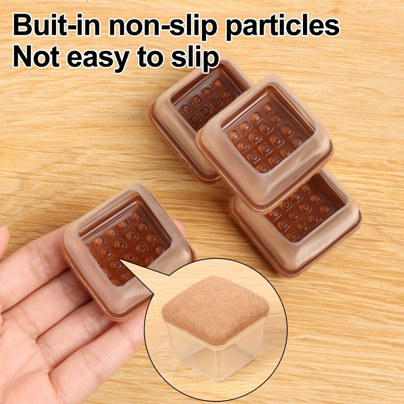 24 PCS Clear Square Silicone Chair Leg Floor Protectors with Felt, Floor Protectors for Chair, Felt Furniture Pads, Chair Leg Caps Covers, No Scratches and Reduce Noise (Fit: 1.1''–1.45'', Clear) L(Fit: 1.1"-1.45")