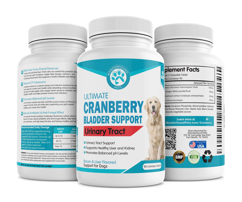 Wanderfound Pets Ultimate Cranberry Bladder UTI Support Supplement for Dogs - Dog Urinary Tract Infection Incontinence Formula with Cordyceps Mushroom - Bacon & Liver Flavor - 90 Chewable Tablets - PawsPlanet Australia