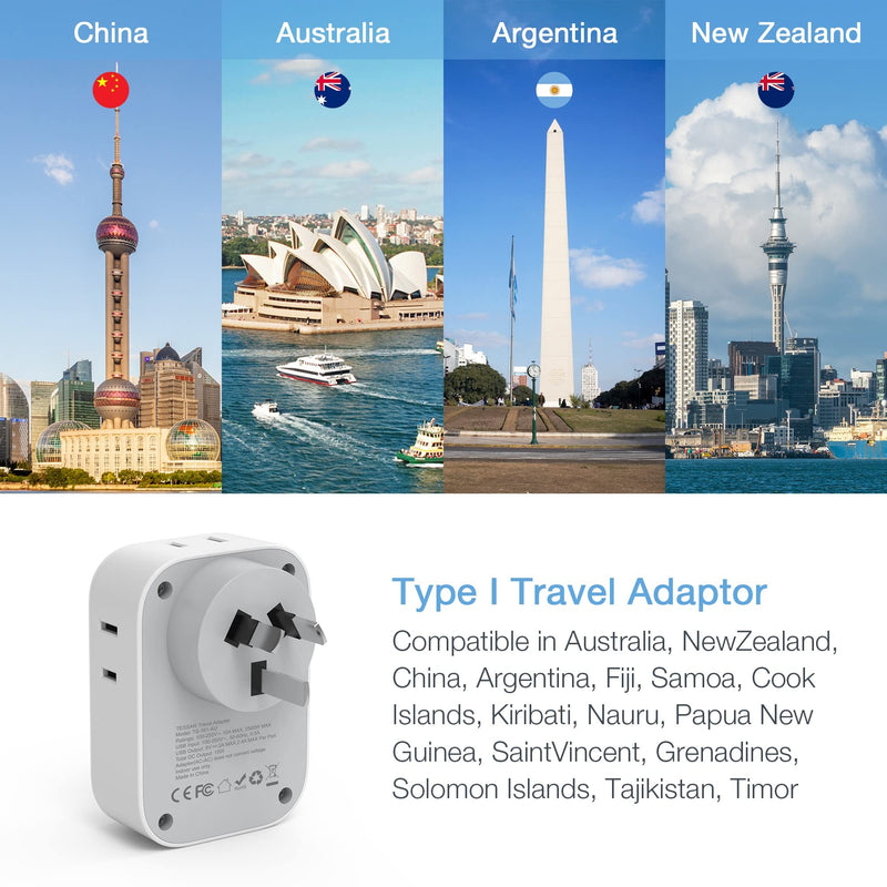 TESSAN Australia Power Plug Adapter, US to New Zealand Power Adapter with 4 American Outlets 3 USB Charger, Type I Travel Adaptor for USA to Australian, China, AU, Argentina, Fiji, Cook Islands, Samoa gray/white-Type I