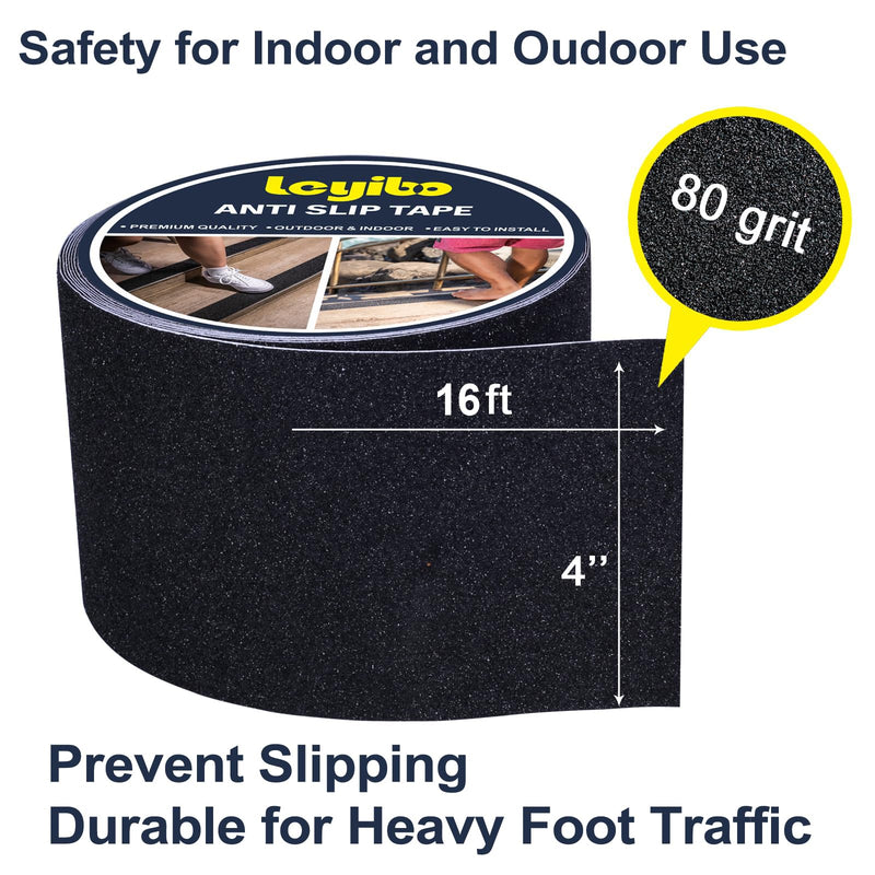 Anti Slip Tape, 4 Inch x 16 Ft Grip Tape for Stairs Outdoor/Indoor, Waterproof Non Skid Roll for Stair Treads Non Slip, High Traction Friction Abrasive Adhesive Stair Steps - Black 4" x 16' 1