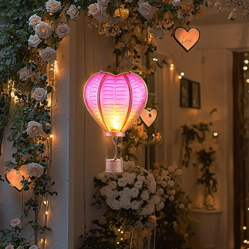 TERESA'S COLLECTIONS Valentine's Day Christmas Party Decorations, Hot Air Balloon Solar Lantern for Garden , Flickering Flame Hanging Solar Lights,Heart Shape Lantern for Anniversary Wedding Decor Pink