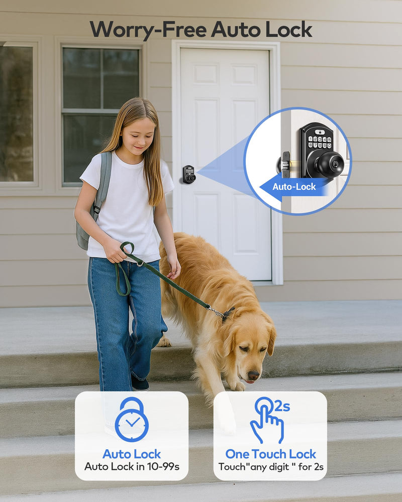 TEEHO TE003 Keyless Entry Keypad Door Lock with Handle, Electronic Digital Smart Locks for Front Door, Smart Door Knob with Code for Bedroom with Interior Locks, Auto Lock, Passage Mode, Matte Black