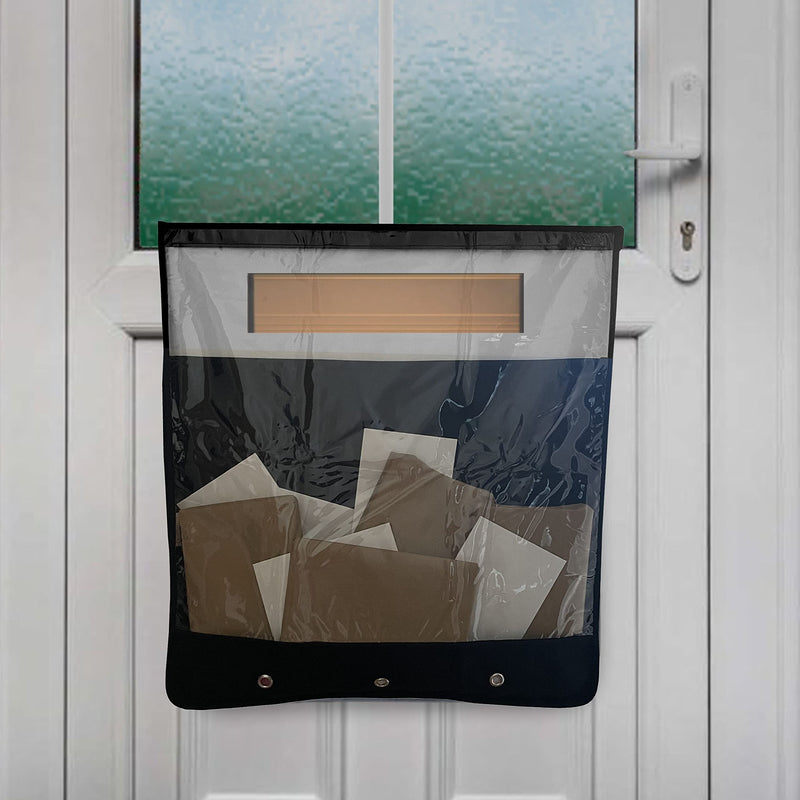 Slimline Mail Slot Catcher, Post Letter Box Cage Ideal for UPVC, Glass, Wood and Metal Doors. Strong Adhesive Letters, Small Packages, Magazines. No Screws or Tools Required Black Transparent