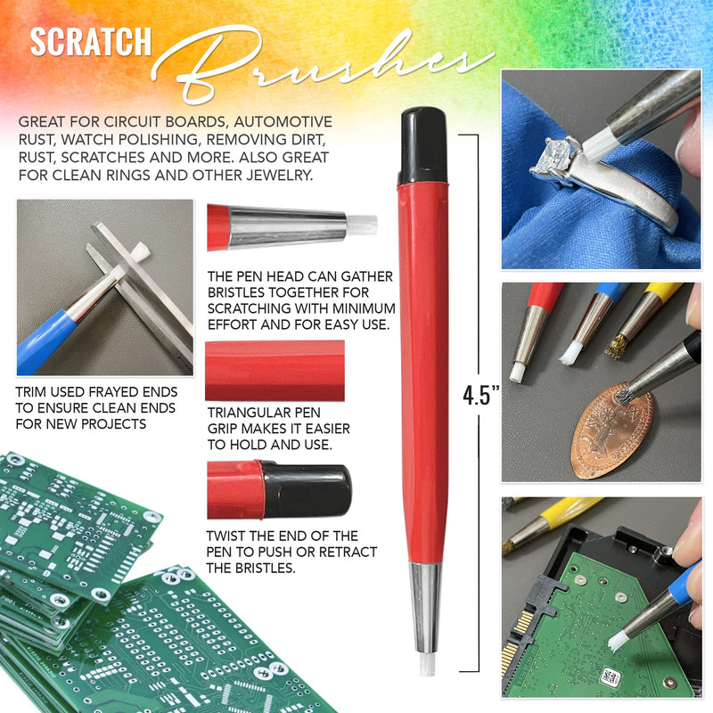Pixiss Scratch Brush Pen Set With Replacement Tips, Fiberglass, Steel, Brass, Nylon, 5-inches Pen Style Prep Sanding Brush 4-Pack For Corrosion, Rust, Jewelry, Circuit Boards and Auto Body Work