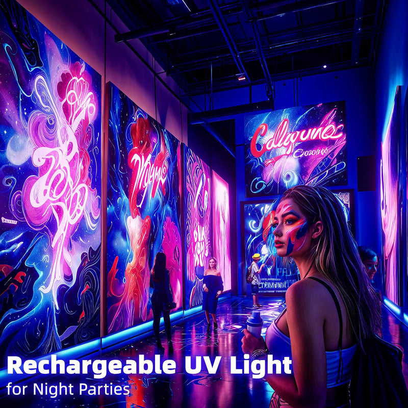 Battery Powered Black Light, Rechargeable Blacklight, Cordless 395nm Light Glow Party, Halloween, Body Painting, 2 Packs