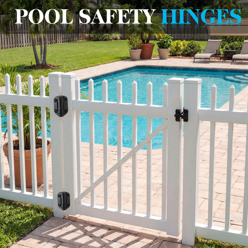 Pelopy 2 Pack Self Closing Gate Hinges 3.5 inch Self-Aligning Heavy Duty Spring Hinges Adjustable Tension Pool Safety for Any Square Post, Aluminum Gates Swing Close 90bs Black
