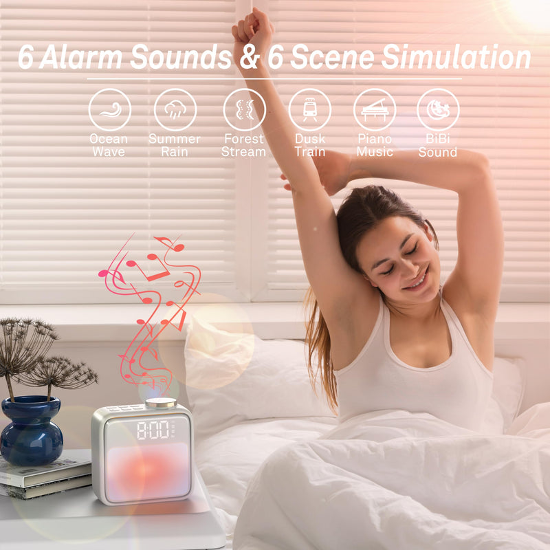 AIRIVO Alarm Clock Night Lights, Built-in Battery Alarm Clock for Bedrooms, 6 Scenes & White Noise Sync, Dual Alarms & Snooze, for Heavy Sleepers, Gifts for Kids Teens Beige
