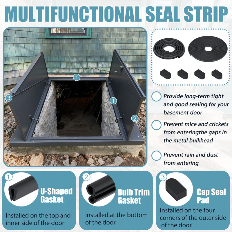 Basement Door Weatherstrip Kit (1 x U Shaped Gasket, | 1x Bulb Trim Gasket, 4 x Cap Seal Pad) Fits Bilco and Gordon Cellar Doors, Basement Door Seal Kit