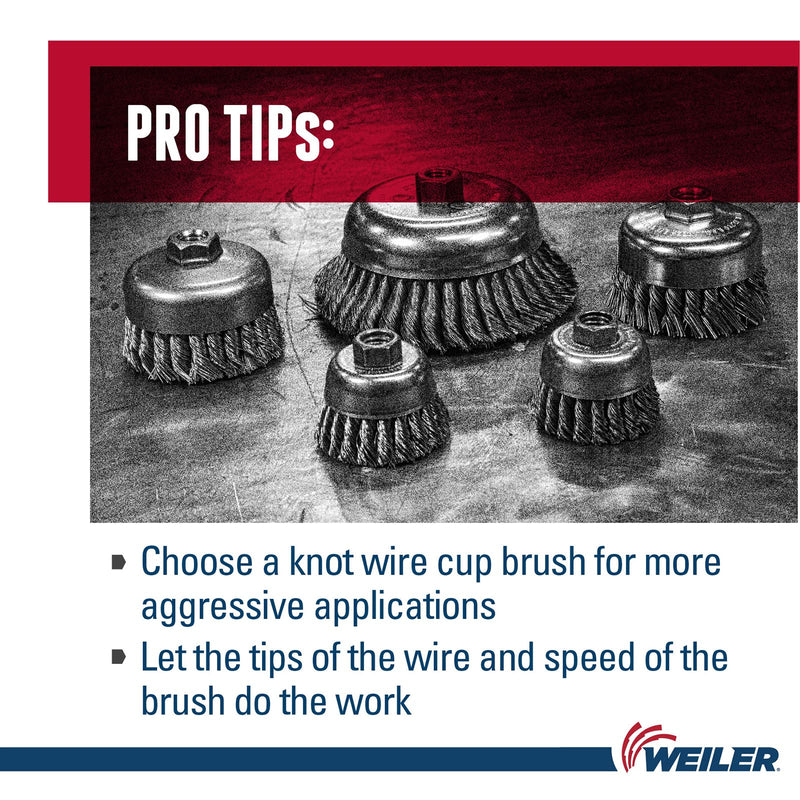 Weiler 13155 3-1/2" Single Row Knot Wire Cup Brush, .023" Steel Fill, 1/2"-13 UNC Nut, Made in The USA 3-1/2" Dia .023" Wire Size