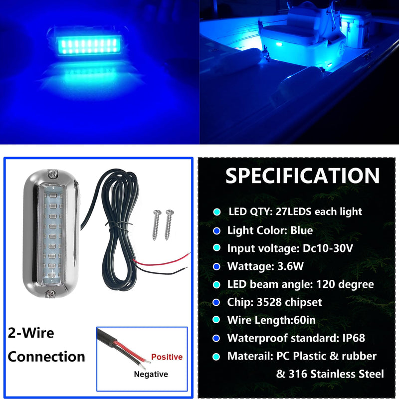 Blue Marine Led Boat Lights,Super Bright Waterproof IP68 316 Stainless Steel Boat Navigation Trailer Transom Led Light,Interior Lamp for Pontoon, Transom,Cruise Ships,Sailboat,Yachts(2 Pcs) Blue