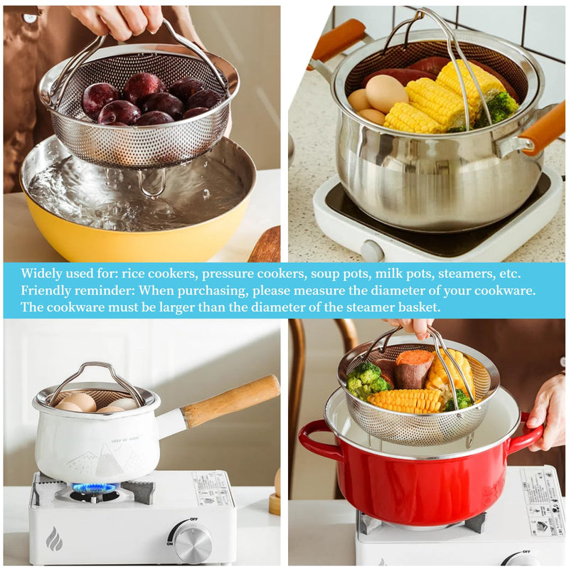 8.7 Inch Stainless Steel Steamer Basket for Pot - Heavy Duty Mesh Food Steamer Insert with Handle & Stable Feet - Multipurpose Rice Washer, Colander & Fruit Strainer - Fits 6 & 8 Qt Pressure Cookers