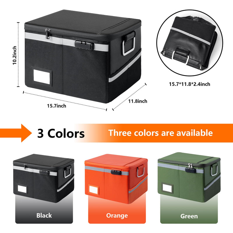 Fireproof Waterproof Document Box with Lock - Collapsible Portable File Organizer Hard Shell Storage for Hanging Letter/Legal Folders Home Office Safe (Black, 15.7x11.2x10.2in) Black