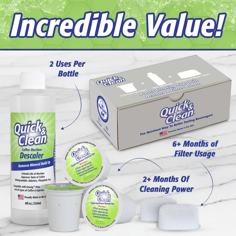 Quick & Clean 4-Pack of Cleaning Cups with Descaler Bundle (2 Total Uses) - 2.0 Compatible, Descaling Solution for Keurig, Nespresso, Ninja, Delonghi, All Coffee and Espresso Machines