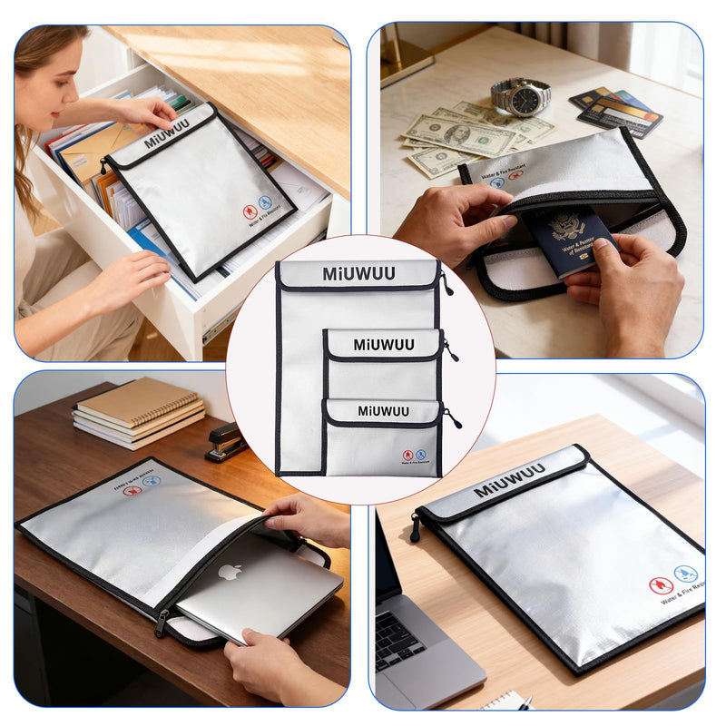 3 Pack Fireproof Document Bag Waterproof Safe Zipper Storage Organizer Pouch Fireproof Money Bag for A4/A5 Documents Holder, File, Cash, Jewelry, Passport, Tablet, Laptop