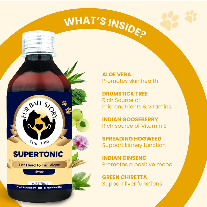 Fur Ball Story Supertonic Syrup - Boosts Your pet’s defenses | Supports Holistic Wellness | Vanilla-Flavoured Supplement for Dogs & Cats (6.76 fl Oz)