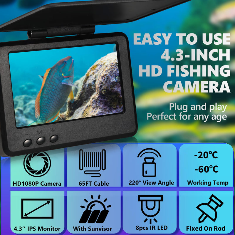 𝟮𝟬𝟮𝟲 𝗡𝗘𝗪 Underwater Fishing Camera HD1080P 4.3'' IPS w/ 5000mAh, [30°~150° Angle Fin] Ice Fishing Camera Underwater Portable Fish Finder Fishing Gift for Men, IR, Boat and Kayak Fishing, 65FT Black