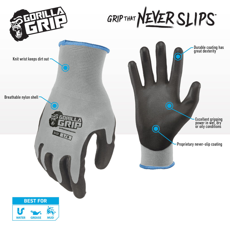 Gorilla Grip Work Gloves, Never Slip Maximum Grip All-Purpose, Gloves for Men, Superior Grip, Polymer Palm 25 Pairs Large