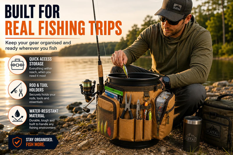 Katai Fishing Bucket Organizer for 5-Gallon Bucket – Heavy-Duty Water-Resistant Tackle Bag with Rod & Pliers Holders – Adjustable Straps & Multi-Pocket Design