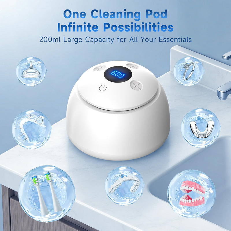 Ultrasonic Retainer Cleaner with UV Light - 45kHz Deep Cleaning Pod for Dentures, Aligners, Night Guards - Includes Cleaning Brush, 200ml Capacity (Gray)