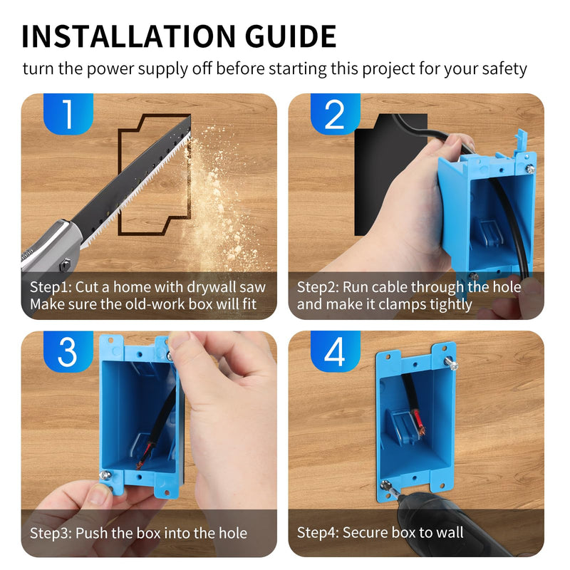 XIUTE 1-Gang High Grade of PVC Old Work Standard Switch/Outlet Wall Electrical Box,Blue，14 Cubic Inch Junction Box,Adjustable Mounting Tabs，ETL 1Gang 14Cu.In 1 pack of blue