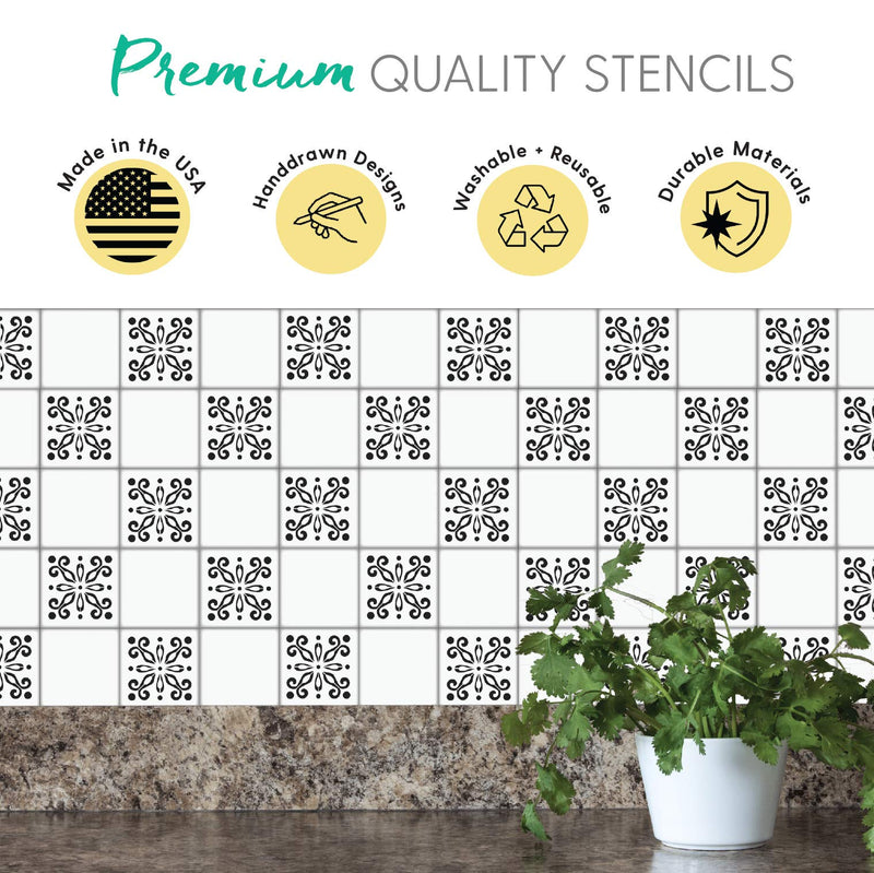 Pack of 4 Tile Stencil Set (4 x 4 inches), Mexican Pattern, Reusable Stencils for Painting Floors/Walls/Furniture, Fits 4” x 4” Tiles, DIY Talavera Mosaic Home Decor, Made in USA 4 x 4 Inches
