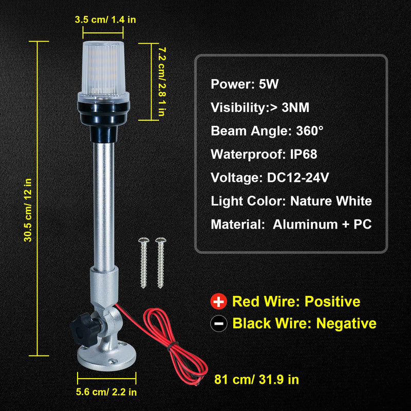 DC12-24V 12 Inch LED Fold Down Boat Anchor Light Stern Light Navigation Lamp Waterproof for Pontoon and Fishing Boat