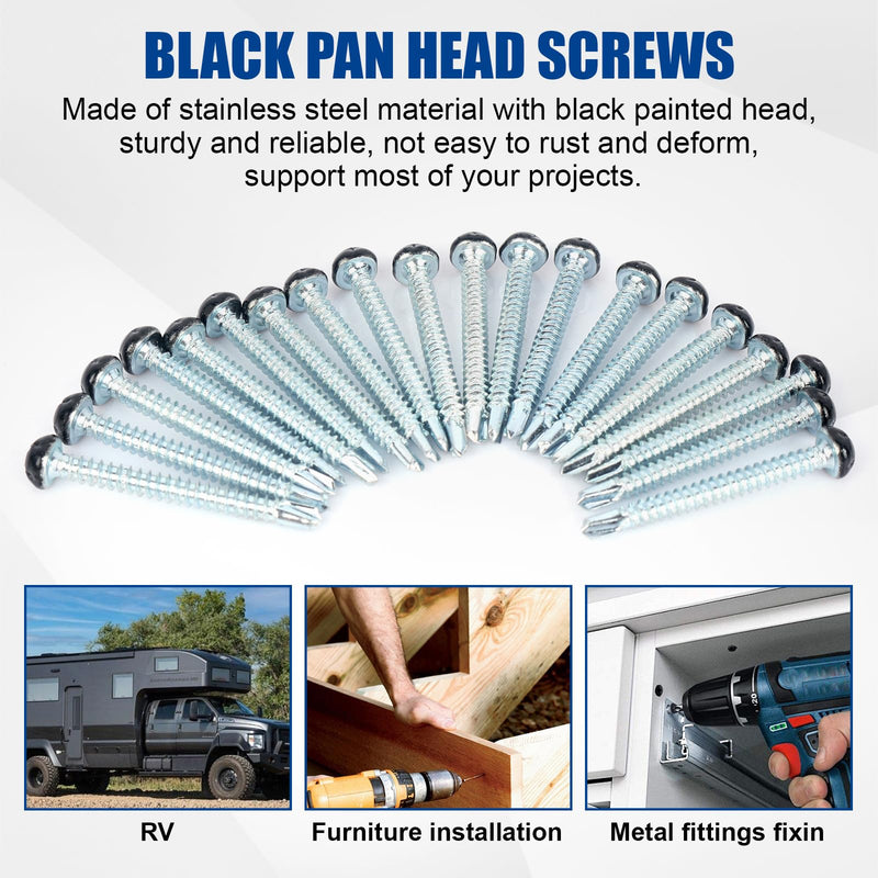 Pan Head Self Drilling Screws #8 X 1-1/2 inch Four Drive self-Tapping Drill Screws RV Black Scre-ws 200pcs