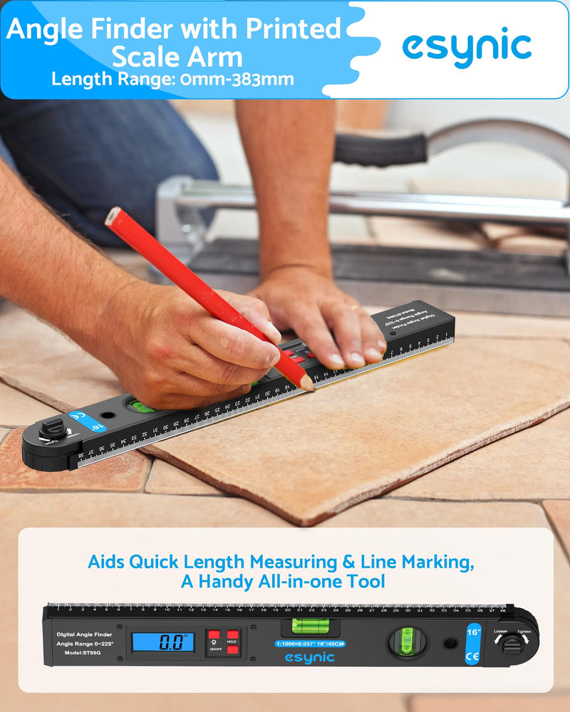 eSynic 16 Inch Waterproof Aluminum Digital Angle Finder with 400mm Scale | Built-in Horizontal and Vertical Bubble Level-Measure Angles Vertically-0-225° Range-Backlit LCD-for Woodworking/Construction