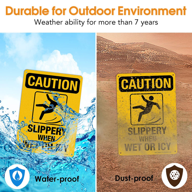 Slippery When Wet Or ICY Sign, Caution Sign, 4 Pack, 10" x 7" Rust Free .040 Aluminum, UV Protected, Waterproof, Weatherproof and Fade Resistant, 4 Pre-drilled Holes YELLOW - 4 Pack
