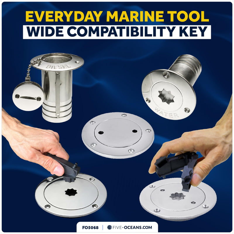 Five Oceans Adjustable Universal Deck Plate and Deck Fill Key – Marine Deck Fill Tool, 8-Point Winch Socket, Dual-Hole Fit, Adjustable to 4-5/16" (110 mm), Heavy-Duty Nylon