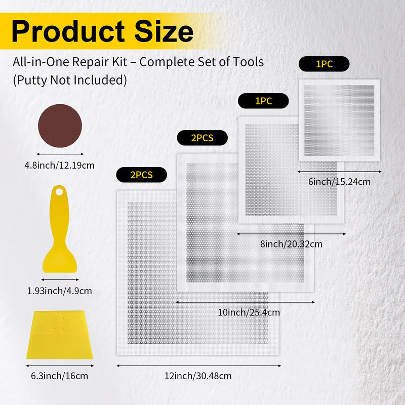 6/8/10/12 Inch Drywall Repair Kit, 6PCS Heavy Duty Self-Adhesive Mesh Patch Kit for Large Holes - Includes Scraper & Sandpapers, Ideal for Drywall, Sheetrock, Wall and Ceiling Repairs 6PCS - 6", 8", 10", 12"