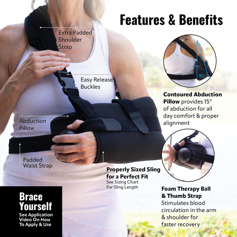 PerfectFit Shoulder Immobilizer with Abductor, Medical Grade Support Brace, 16.5-Inch Rotator Cuff or Surgery Recovery Sling, Medium, Black