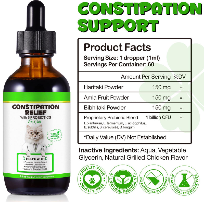 Cat Constipation Relief - Natural Laxative with 6 Probiotics Stool Softener, Digestive Support for Hairball Relief & Bowel Movement, Promotes Digestive Health, 2 fl oz (1 PCS) 1 PCS