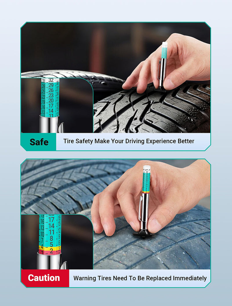 2-Pack Tire Tread Depth Gauge, Color Coded Tire Depth Gauge with Pocket Clip in 1/32 Inch Increments, Accurate Tread Gauge Depth 32nds Measuring Tool for Car, Semi Truck Tire Tread Checker