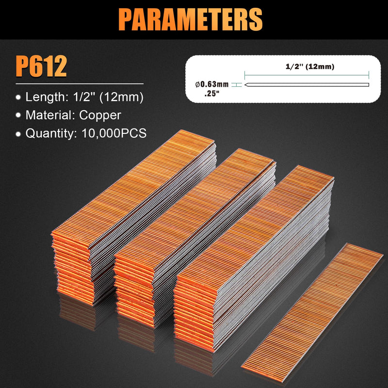P612 Headless Pin Nails, 23 Gauge 1/2'' (12mm) Leg Length, Copper Coating, 10,000 PCS/BOX, Pin Nails & Fasteners for Pneumatic Pin Nailer Air Pin Nail Gun P612 Copper Pin Nails (1/2'', 12mm)