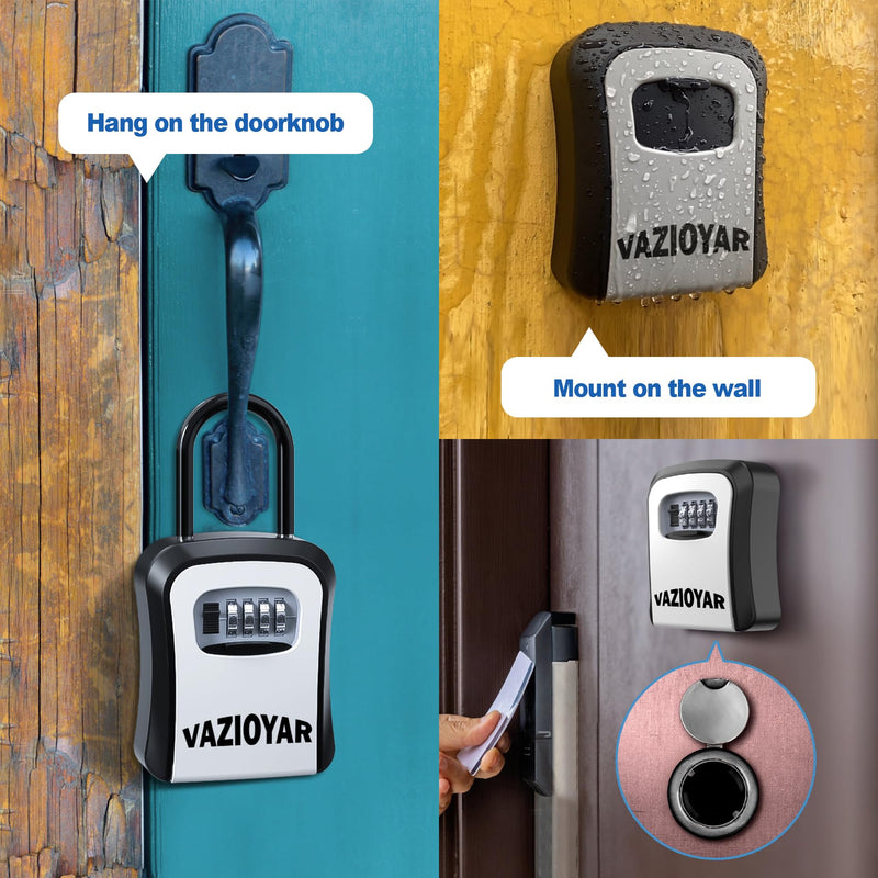 Key Lock Box for Outside, Portable Waterproof Wall Mounted Changeable 4-Digit Combination Key Storage Lockbox, (With Retractable Key Tether+With Shackles) With Retractable Key Tether+With Shackles