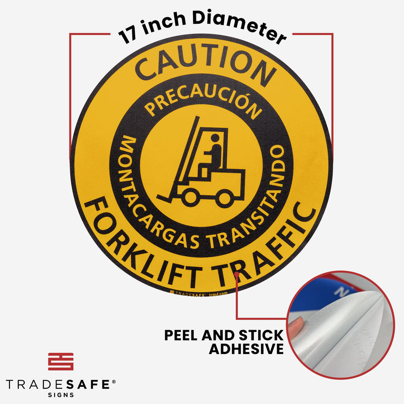 TRADESAFE Bilingual Caution Forklift Traffic Anti-Slip Floor Sticker - Precaución Montacargas Transitando Caution Sign, Peel and Stick Adhesive Vinyl Sign, ANSI-Compliant, 17” Diameter Round Sticker - NewNest Australia