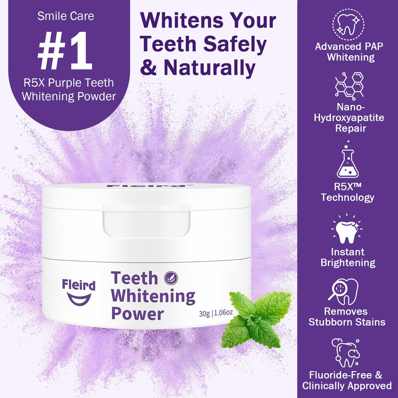 Purple Teeth Whitening Powder, Hydroxyapatite R5X Tooth Powder for Coffee, Tea, Smoke Stain Removal, Breath Freshener & Sensitive Dental Care, 2 Pack