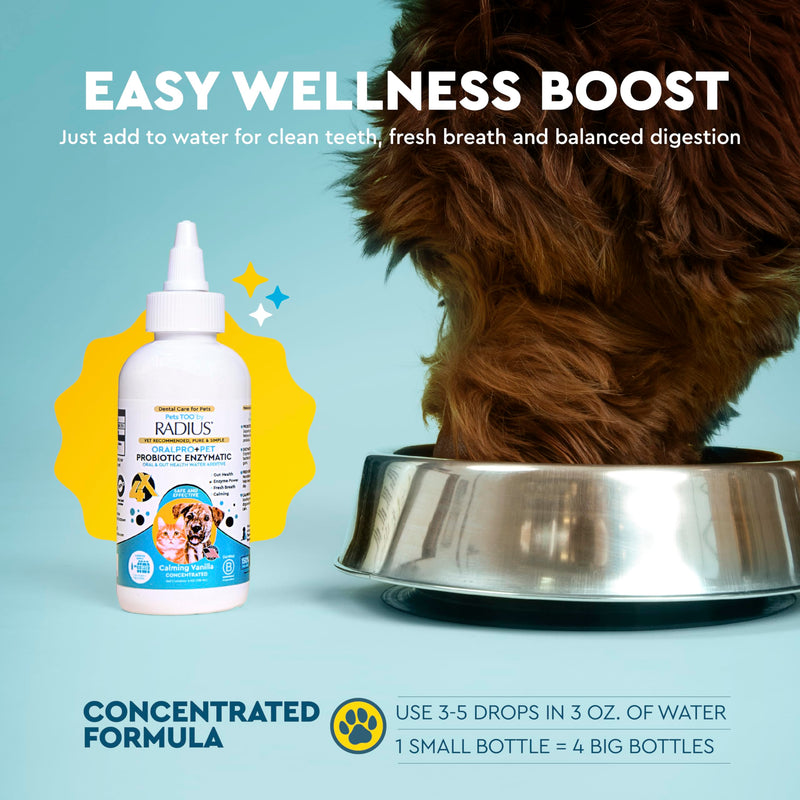RADIUS OralPro+ Pet Probiotic Enzymatic Water Additive - Dog and Cat Dental Care Solution - Plaque & Tartar Defense Meal Supplement - Fresh Breath & Gut Health - Calming Vanilla, 4 Oz (Pack of1) Pack of 1 Clear