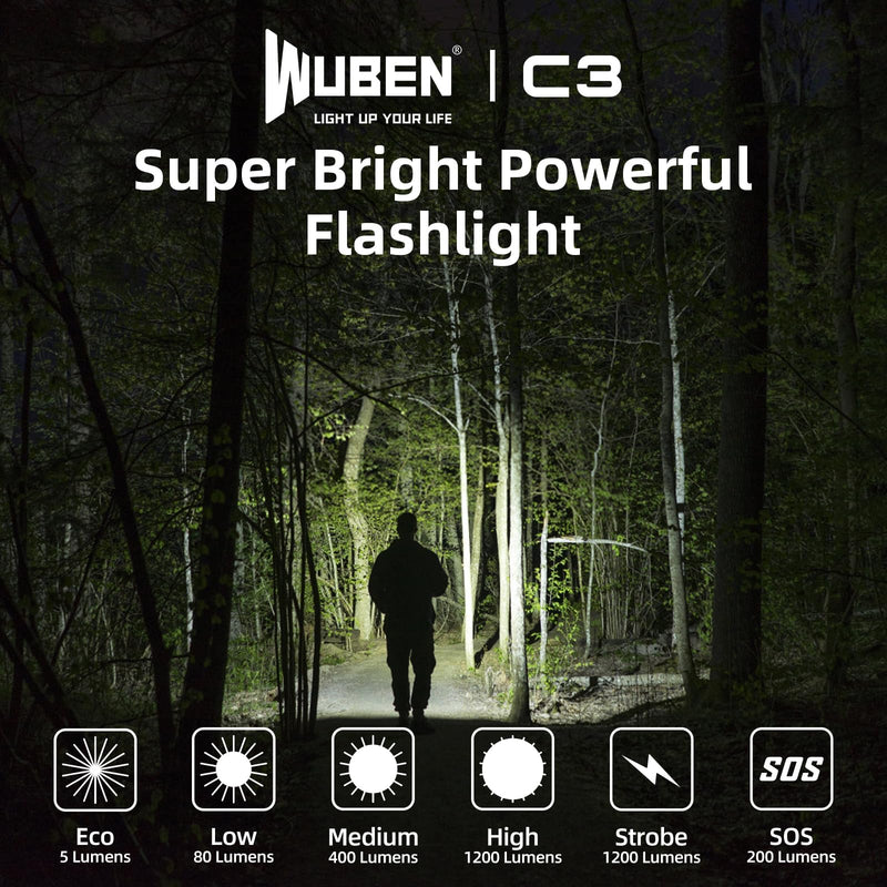 WUBEN C3 Rechargeable Flashlight 1200 High Lumens Super Bright, LED Tactical Flashlights, Powered EDC Flash Light IP68 Waterproof, 6 Light Modes for Camping, Emergency, Outdoor, Rescue, Inspection Gray