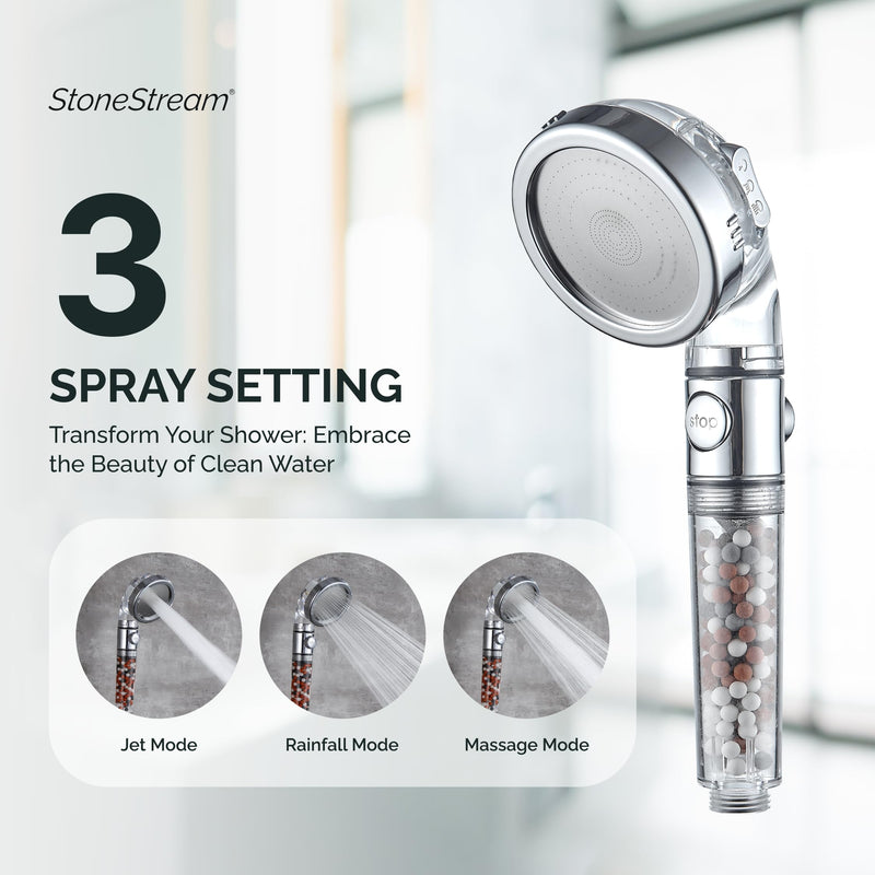 Original StoneStream Filtered Shower Head, Eco Power High Pressure Water Softener Showerhead with ON/OFF switch and Spa like Ionic beads for Dry Skin & Hair — 3 Spray Settings 3-Setting Shower Head