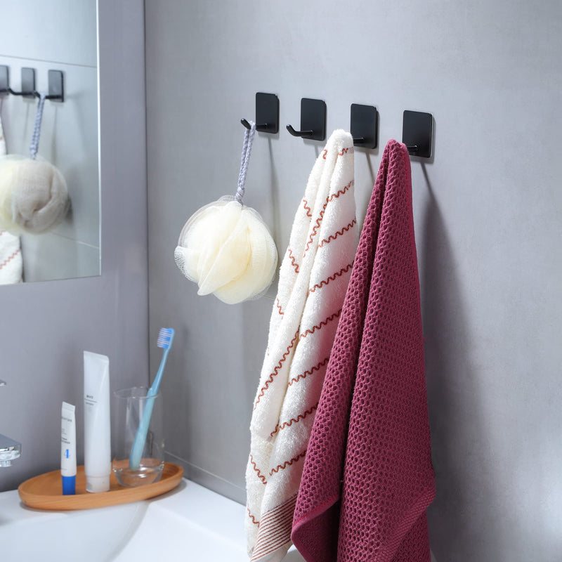 YIGII Adhesive Towel Hooks - 4 Pack Towel Hooks for Hanging Robes Coat Hooks Stick on Wall Hooks Stainless Steel, Matte Black Black-L