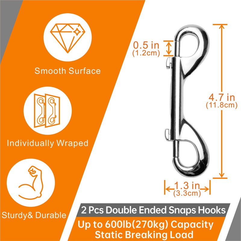 Garwor 4.7 inch Double Ended Bolt Snaps Hooks, 2 Pack 600lbs Weight Capacity, Heavy Duty Trigger Snap for Dog, Extra Large Zinc Alloy Trigger Chain Clips (Silver)