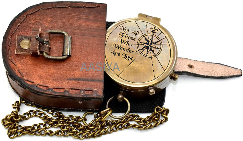 AASIYA Not All Those Who Wander are Lost Brass Gift Engraved Compass with Leather case, Graduation Day Baptism Communion Confirmation Day Motivational LOTR J.R.R. Tolkien