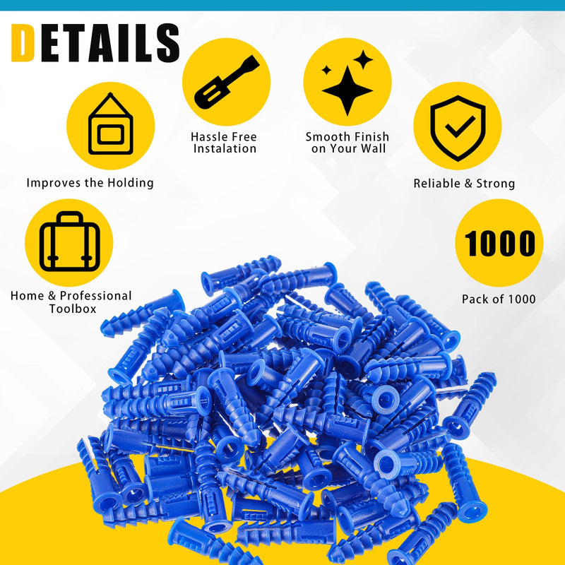 1000 Pcs #8-10-12 x 1-1/4 Inch Ribbed Lightweight Plastic Anchors Drywall Anchors for Hollow Walls Pictures Artwork Decor Light Duty Anchoring Application (Blue) 8-10-12 x 1-1/4 Inch Blue 1000